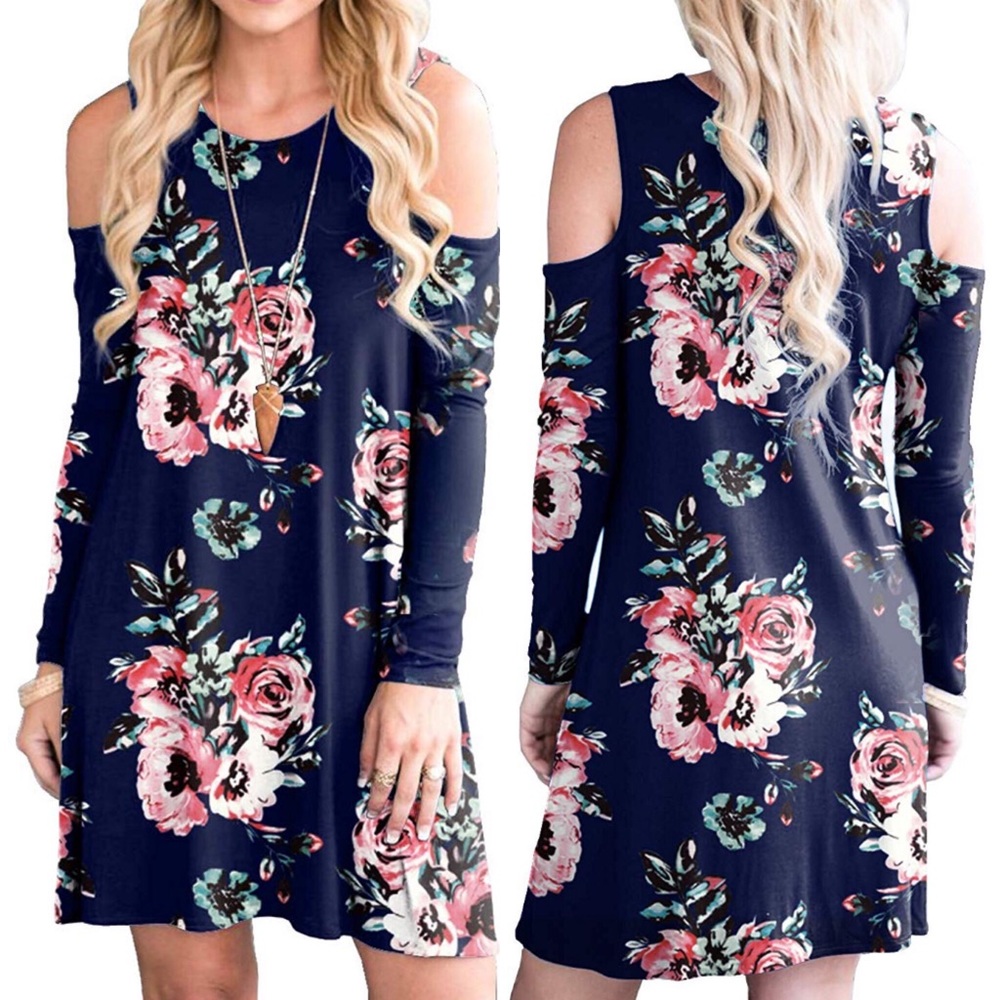 Cold Shoulder Navy Floral Womans Tunic Swing Dress - Picture 1 of 3